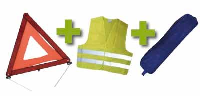 KIT DE SÉCURITÉ + POCHETTE BLEUE AVEC RIVET + GILET FLUO + TRIANGLE DE PRESIGNALITSATION