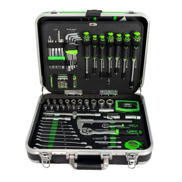 COFFRET À OUTILS EN ALUMINIUM DE 135 PIÈCES AVEC DOUILLES 1/4" ET 1/2" – FINITION ZINGUÉE