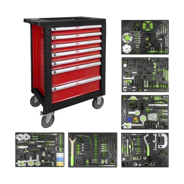 SERVANTE À OUTILS 7 TIROIRS - ROUGE - AVEC JEU D’OUTILS POUR RÉGULER LA SYNCHRONISATION
