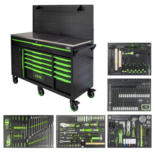 SERVANTE À OUTILS 11 TIROIRS - VERTE - EQUIPÉE - AVEC PANNEAU PERFORÉ
