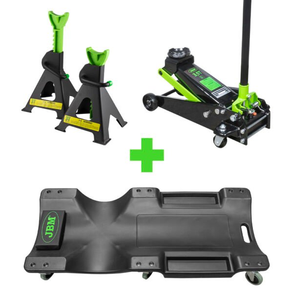 53779 JEU DE CHANDELLES À CREMAILLÈRE 3 TON + 52148 CHARIOT DE VISITE FIXE + 50818 CRIC ROULEUR 3