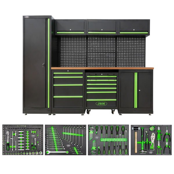 ENSEMBLE DE MEUBLES MODULAIRES POUR GARAGE (18 PCS) + JEU DE 4 MODULES EVA CARBONE POUR OUTILS
