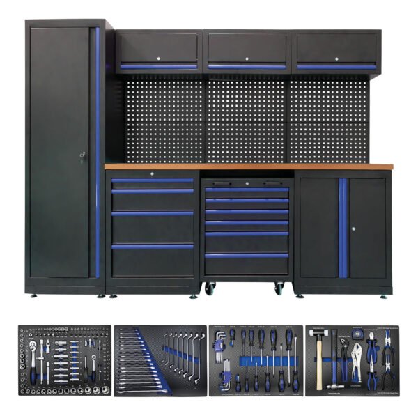 ENSEMBLE DE MEUBLES MODULAIRES POUR GARAGE (18 PCS) + JEU DE 4 MODULES EVA CARBONE POUR OUTILS