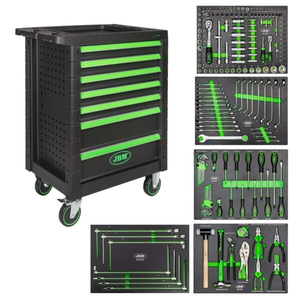 53904 SERVANTE À OUTILS 7 TIROIRS - VERTE - EQUIPÉE + 54481 MODULE DE 7 CLÉS À DOUILLES AVEC MANCHE